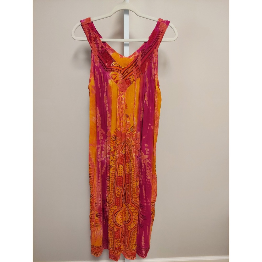 Cal Style Pink Orange Tie Dye Rayon Sleeveless Boho Midi Dress S Festival Hippie